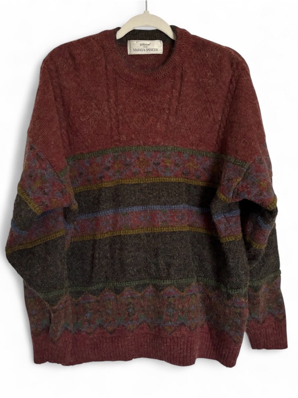 Vintage Marks & Spencer Maroon Crewneck Multicolour Sweater